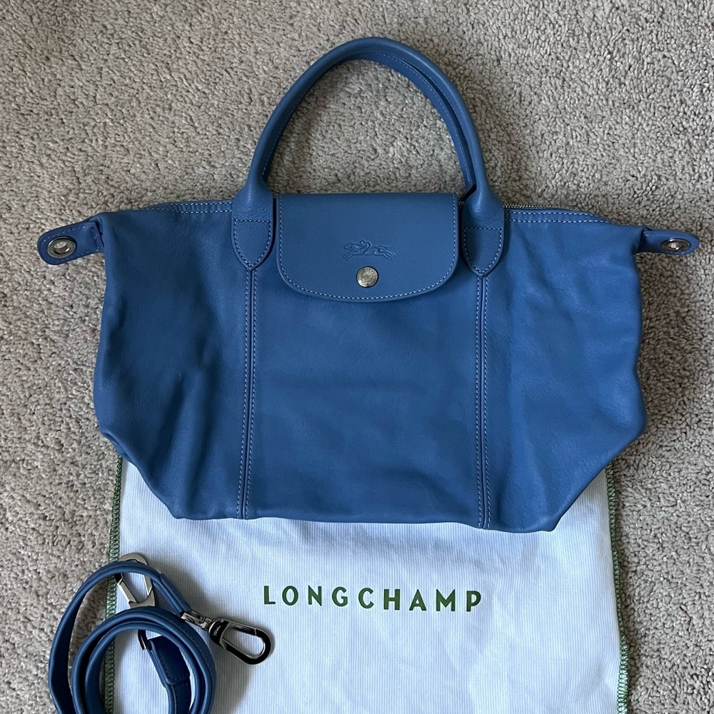 Longchamp Le Pliage Small Tote Bag - Cuir Leather - Cornflower Light Blue
